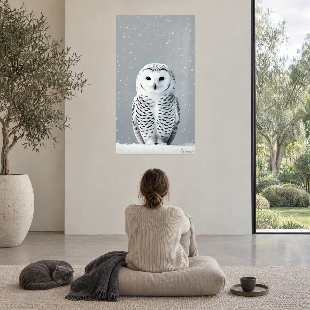 Schilderij poolUil met sneeuwwitte veren met zwarte spikkels op blauwgrijs, beglaasde woonkamer met uitzicht op een groene tuin