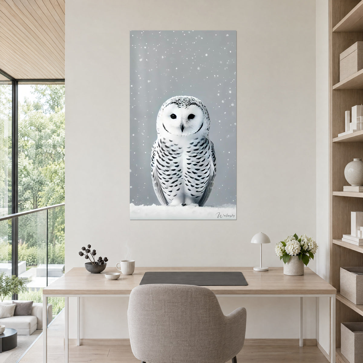 Schilderij portret van een berijpte uil, witte kop en obsidiaanzwarte ogen tegen een lichtgrijze lucht, aan de muur van een lichte kantoorruimte