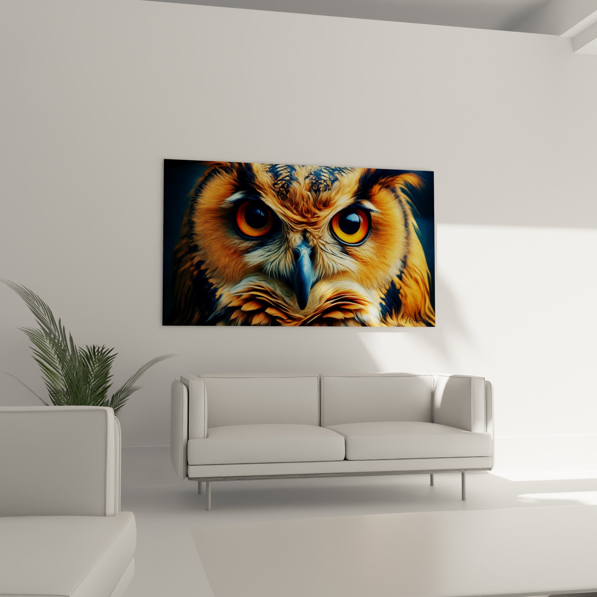 Portrait de chouette aux teintes fauve et bleu marine, suspendu au-dessus d'un canapé dans un salon lumineux