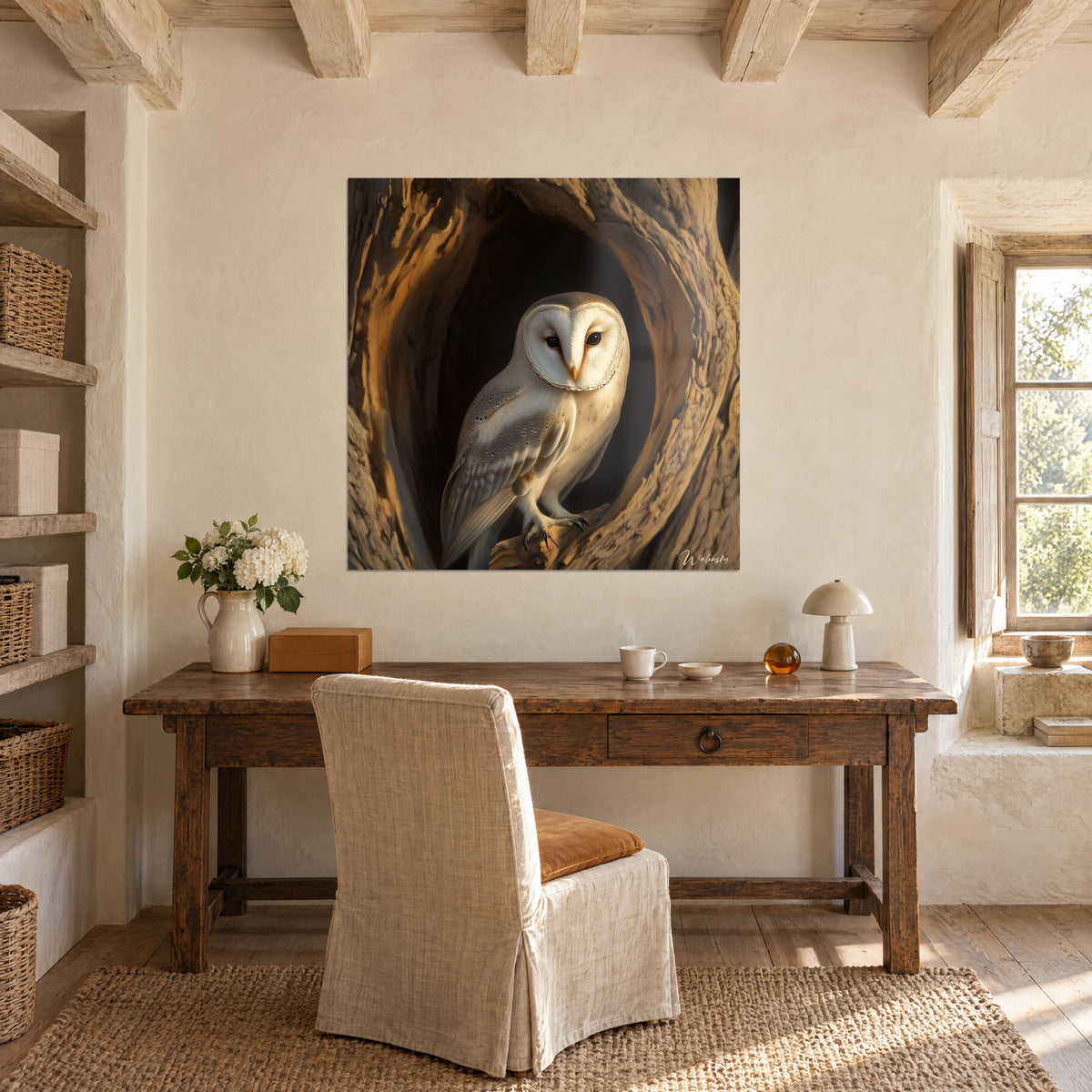 Wall art owl perched in a honey and copper bark cavity, cream face, above a light wood desk