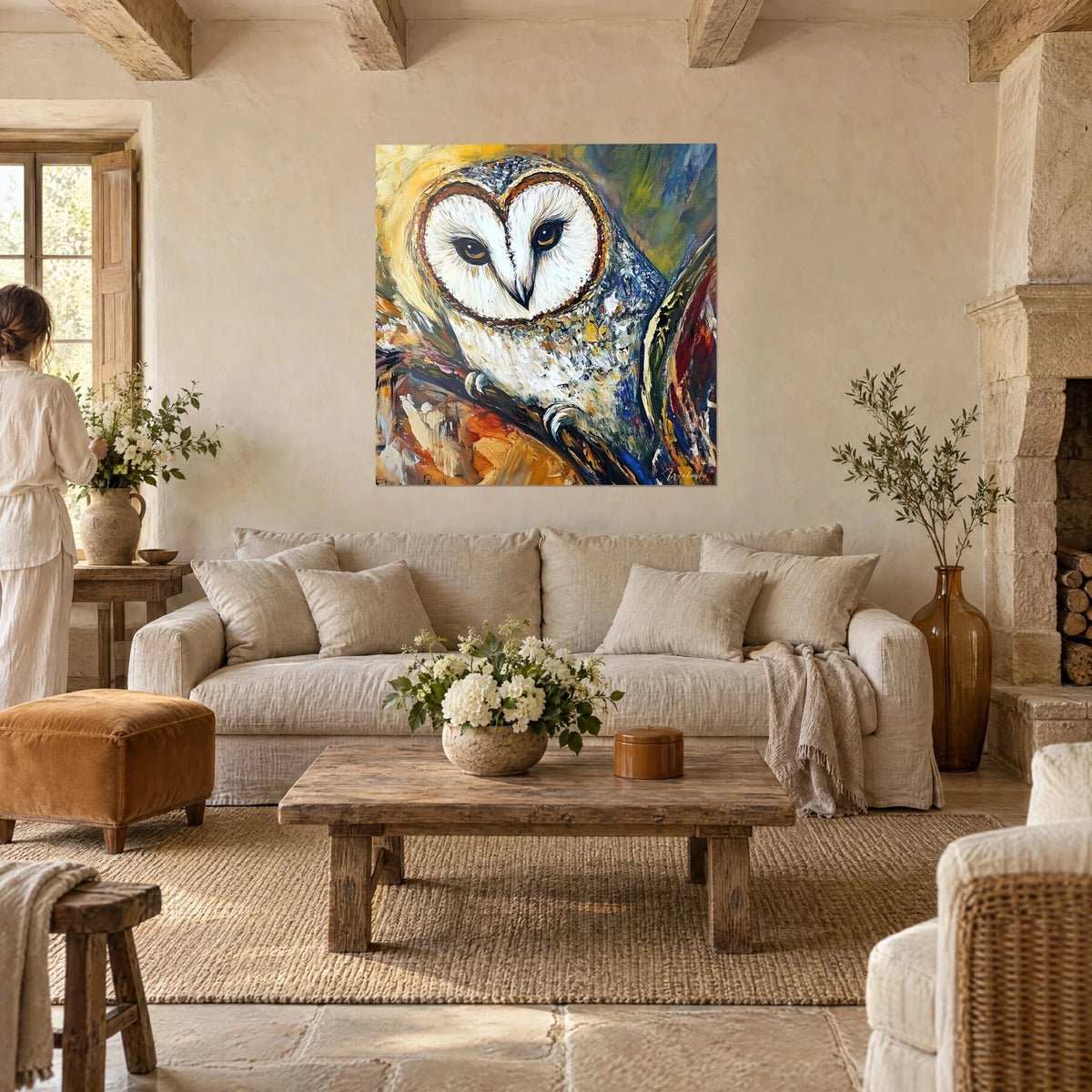 Wall art of a barn owl with a heart-shaped white mask, amber eyes, blue and ochre plumage, hanging above a sofa in a bright living room