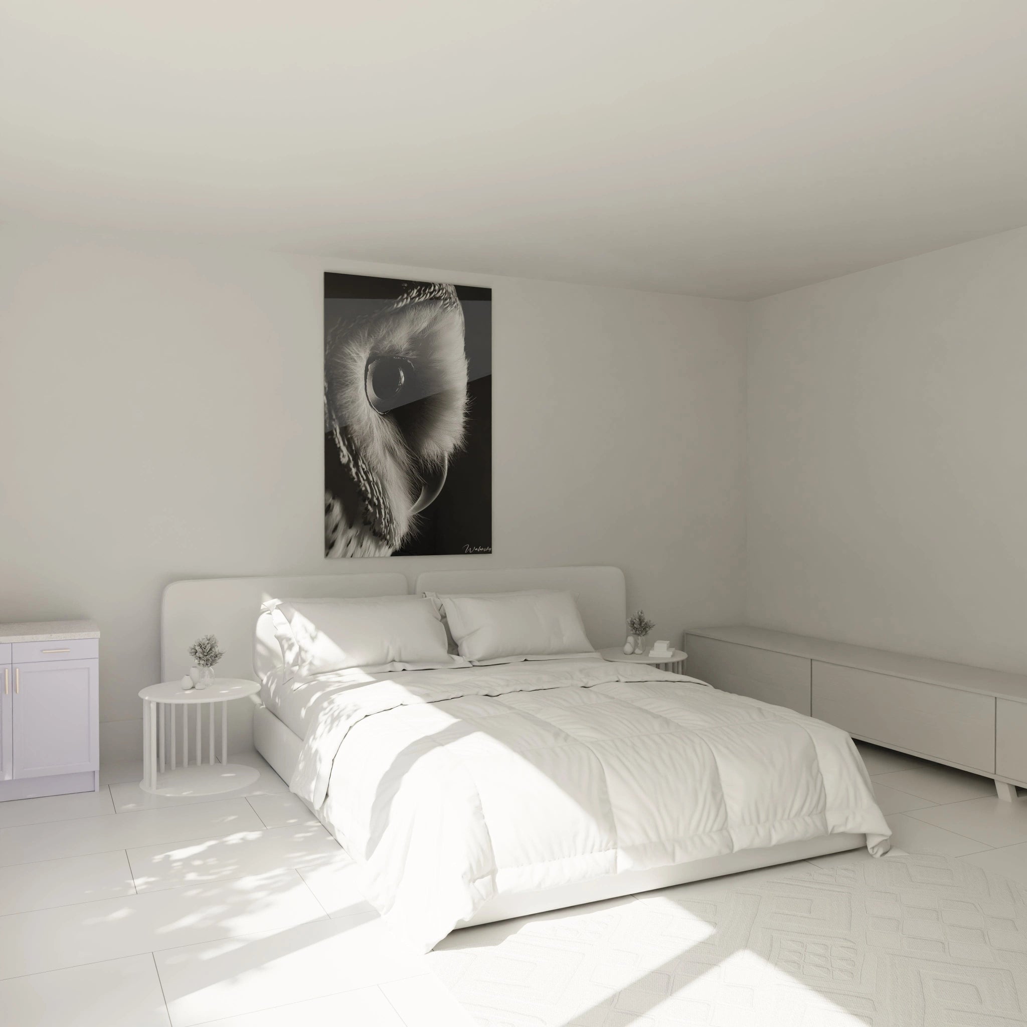 Tableau œil d'animal représentant un paresseux accroché à une branche dans une chambre moderne et lumineuse