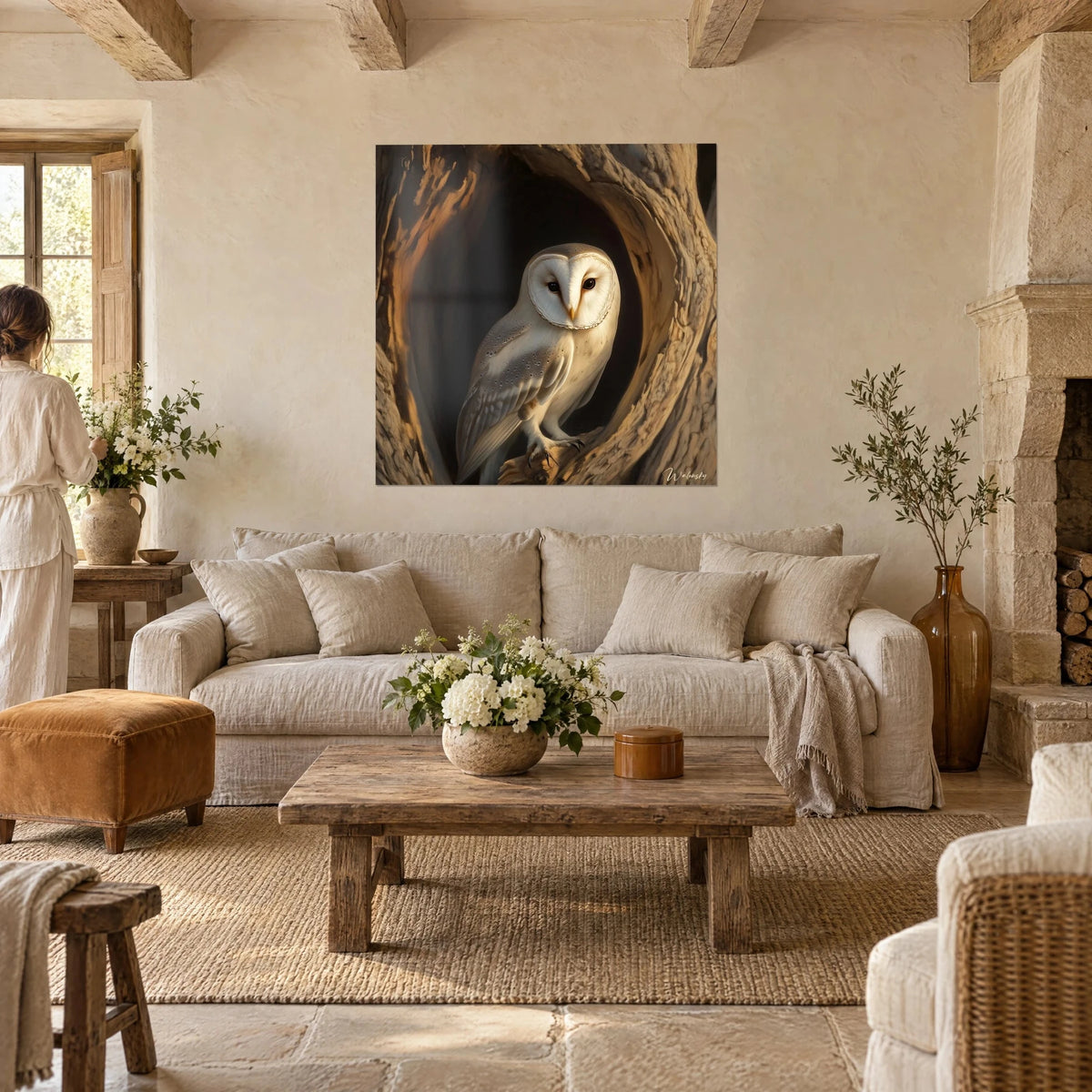Wall art barn owl perched in an amber hollow trunk, above a sofa in a bright living room