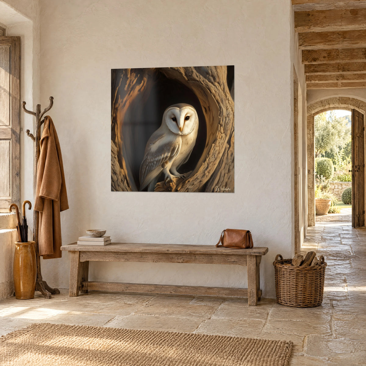Wall art owl with a cream heart-shaped face, golden bark and black background, on a stone wall beside an arch