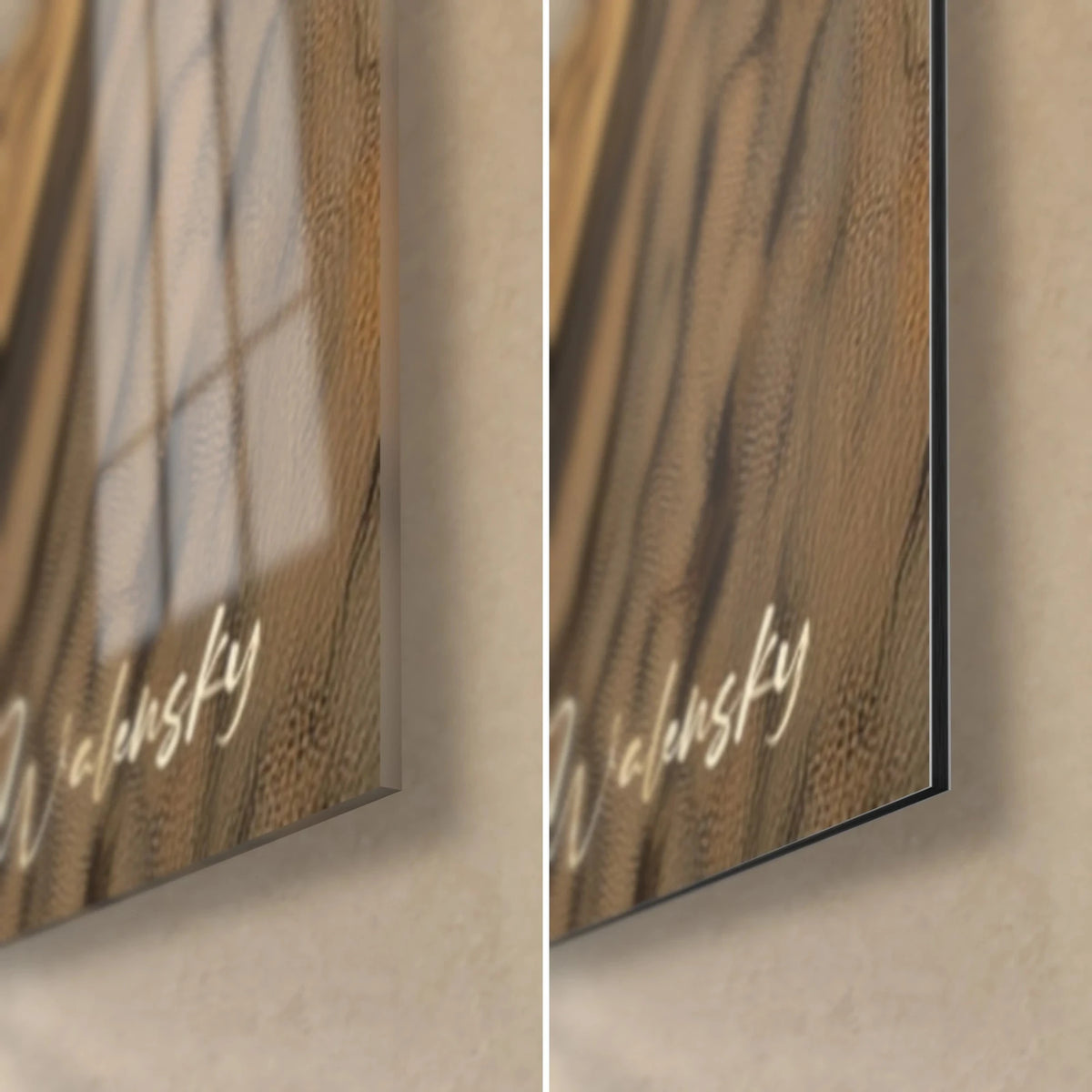 Wall art white barn owl with black eyes, bottom right corner: glossy glass on the left, matte Dibond on the right, 3 mm edge