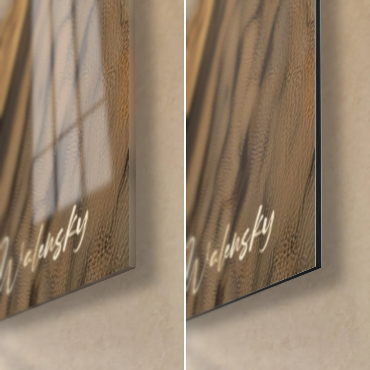 Wall art white barn owl with black eyes, bottom right corner: glossy glass on the left, matte Dibond on the right, 3 mm edge