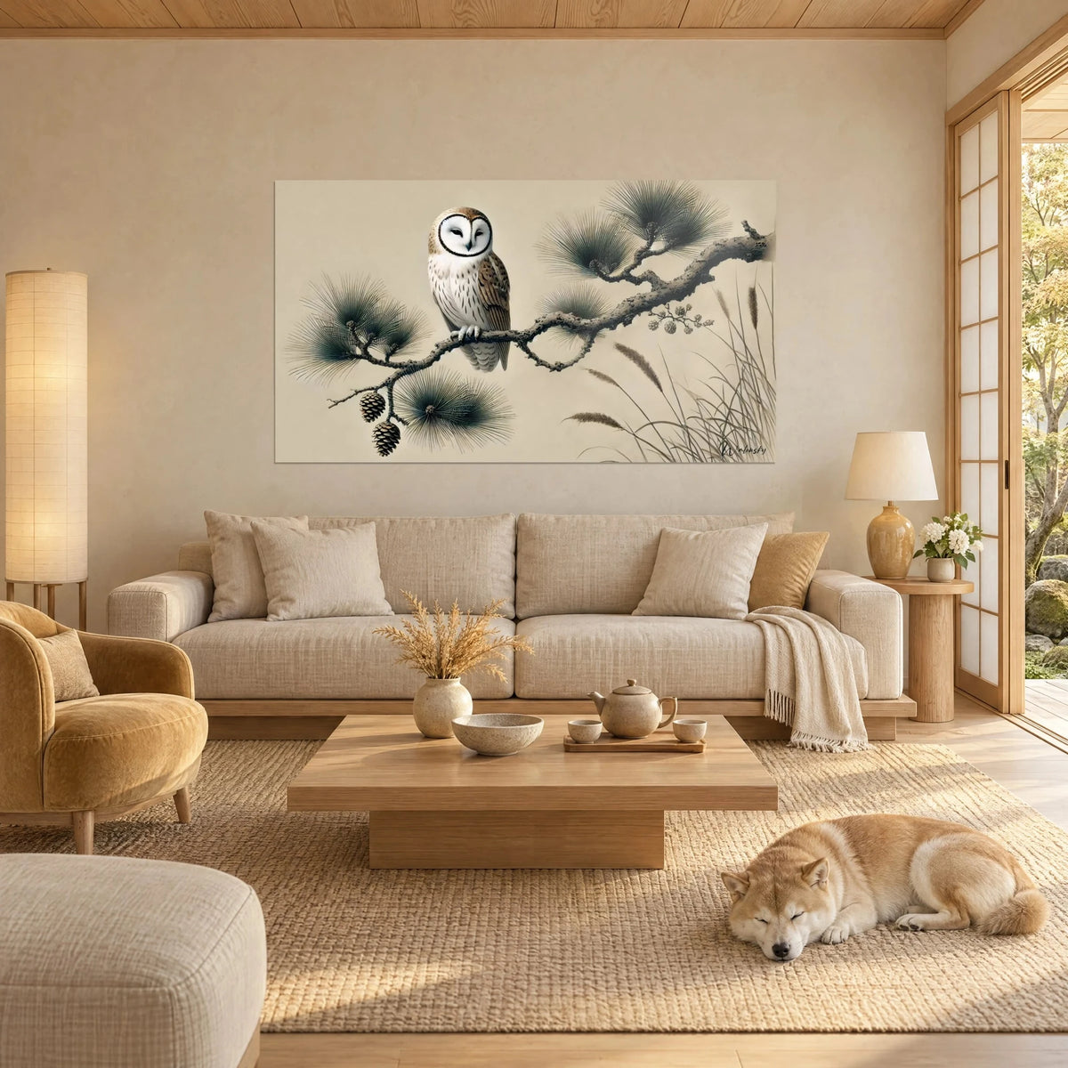Tableau chouette effraie blanche et ocre sur branche de pin, encre fond beige, Shiba couché, au-dessus d'un canapé dans un salon lumineux
