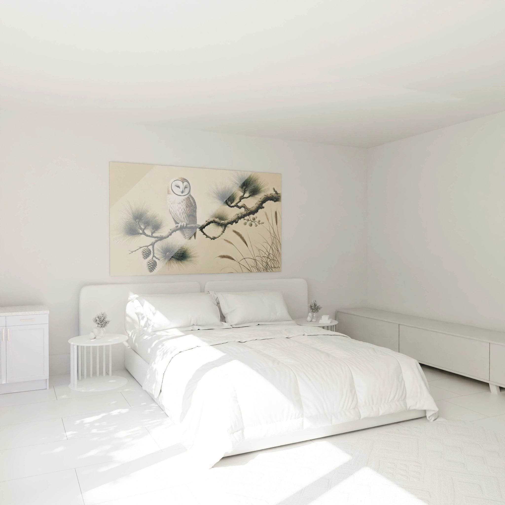 Tableau japonais dans une chambre au dessus du lit Illustration apaisante d une chouette en equilibre sur un pin Evoque la sagesse et la beaute de la nature japonaise en touches beiges et marrons

