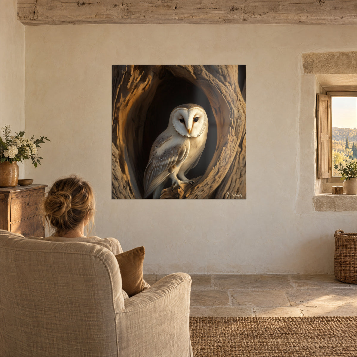 Wall art still owl with a dark gaze, white and hazelnut feathers, oak hollow, facing an armchair near a window