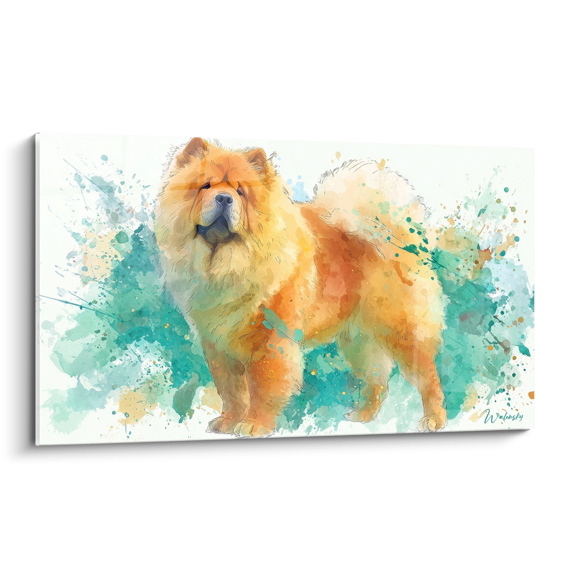 Tableau aquarelle chow chow dore avec eclaboussures turquoise sur fond blanc style moderne