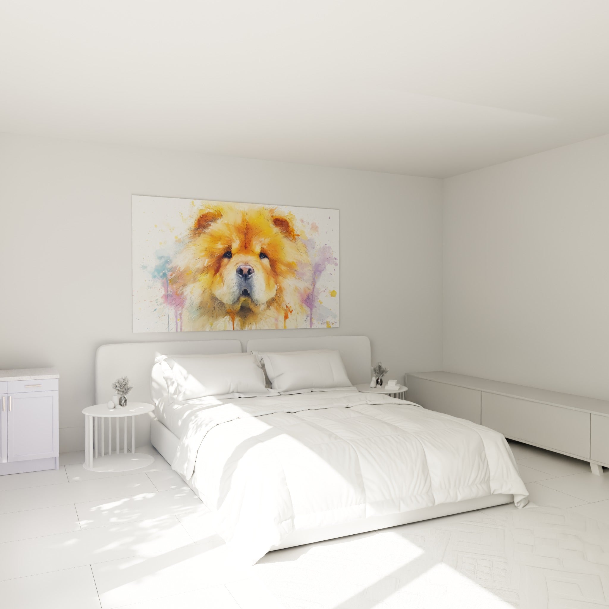 Tableau Chow Chow aquarelle accroché au-dessus d'un lit en chambre