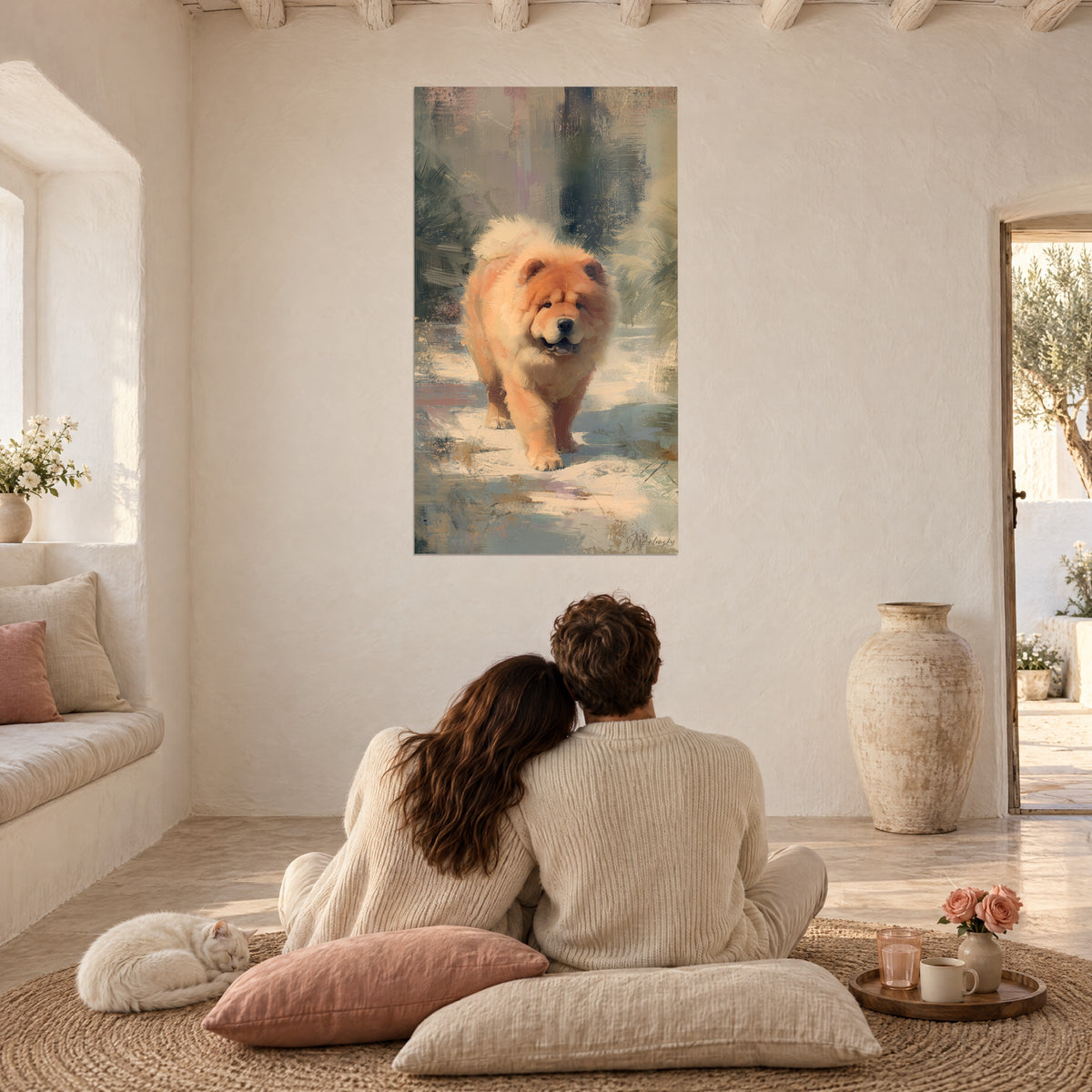 Cuadro de chow chow de pelaje miel y marfil, paleta suave rosa y salvia, pared blanca, pareja de espaldas y un gato tranquilo
