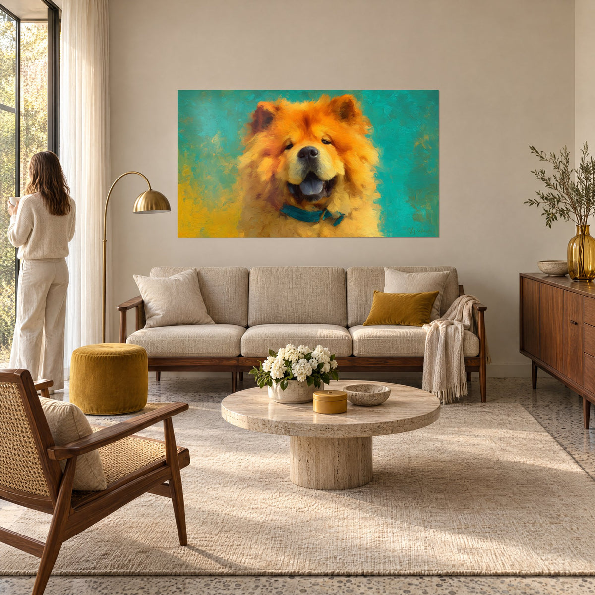 Πίνακας κόκκινο Chow-Chow με γλώσσα γαλαζωπή, φόντο τυρκουάζ και ώχρα, γυναίκα από πίσω, πάνω από καναπέ σε φωτεινό σαλόνι