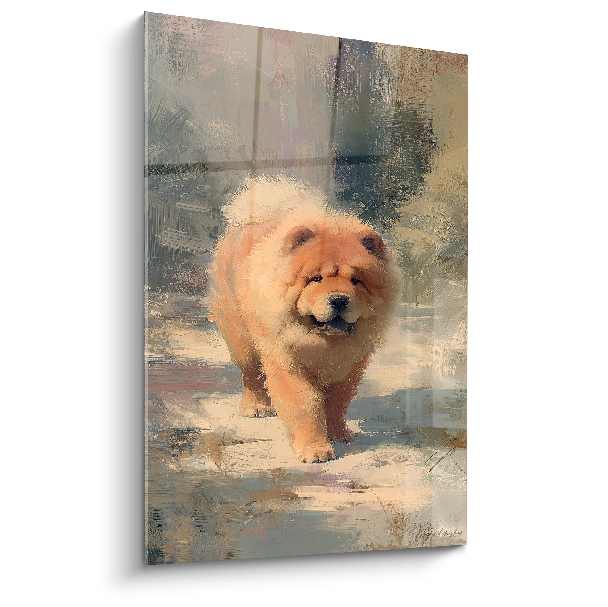 Tableau portrait Chow Chow blanc crème aux tons dorés sur fond artistique beige et rose poudré avec sourire malicieux