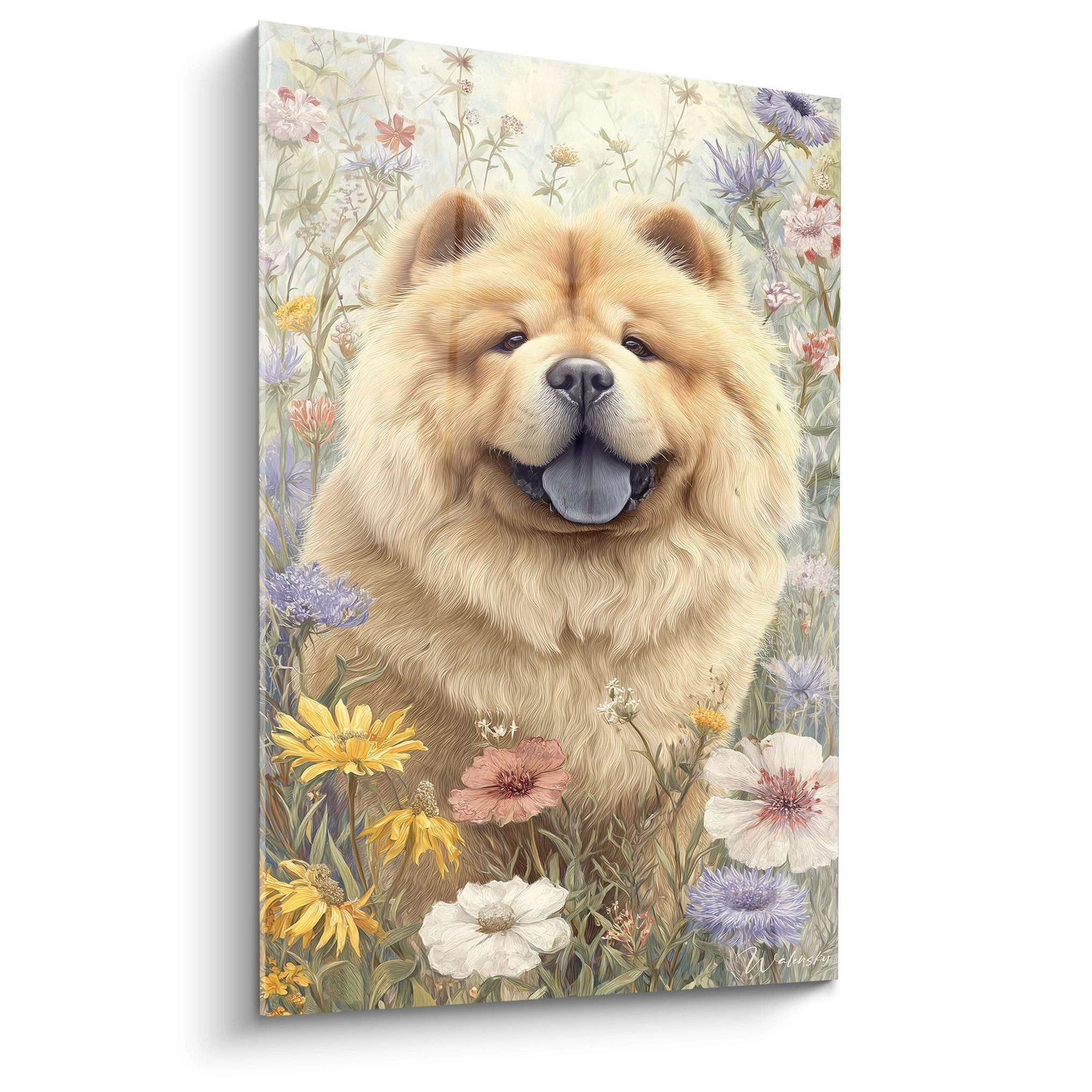 Portrait souriant Chow Chow doré entouré fleurs sauvages colorées prairie printanière style artistique