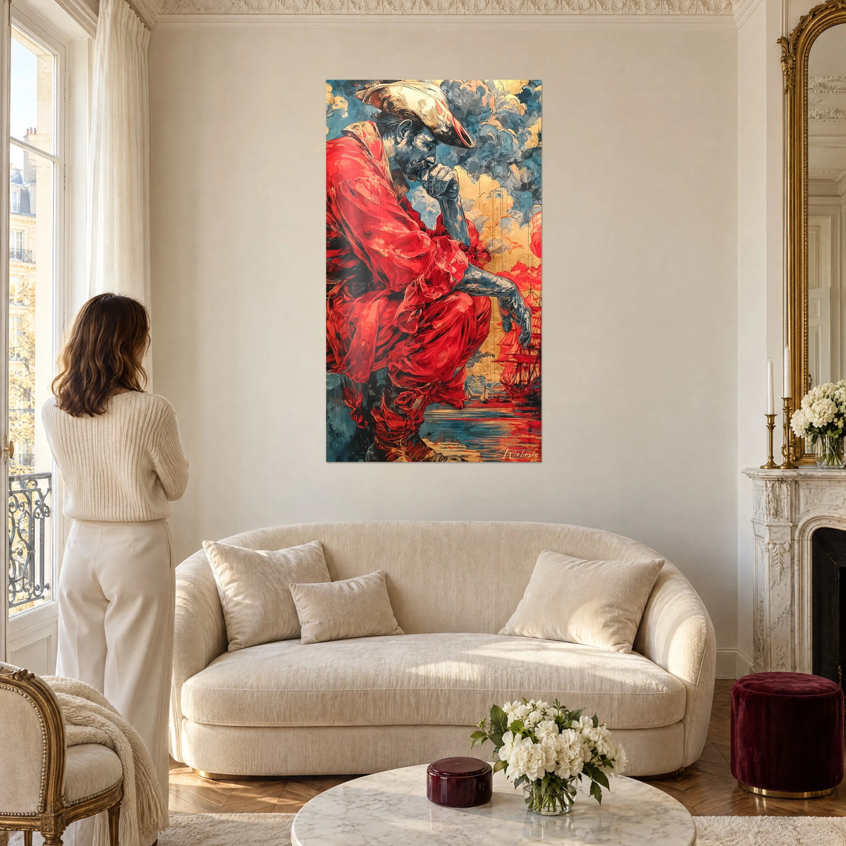 Cuadro de un navegante pensativo con abrigo rojo escarlata, cielo azul tormenta y oro, mujer de espaldas, encima de un sofá en un salón luminoso