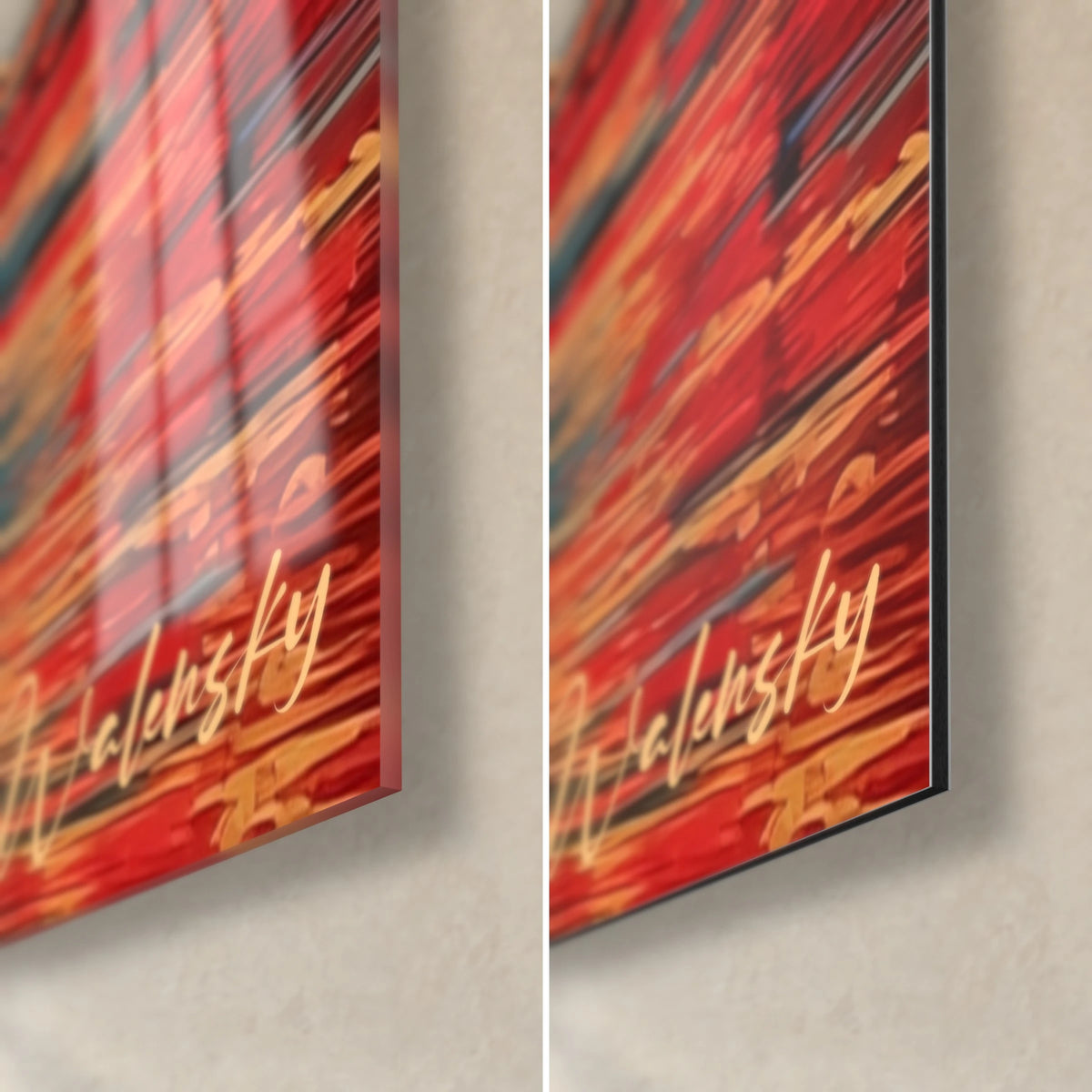 Cuadro de un marino soñador en rojo carmesí intenso, esquina inferior derecha: cristal acrílico brillante con reflejos, aluminio Dibond negro mate, canto de 3 mm