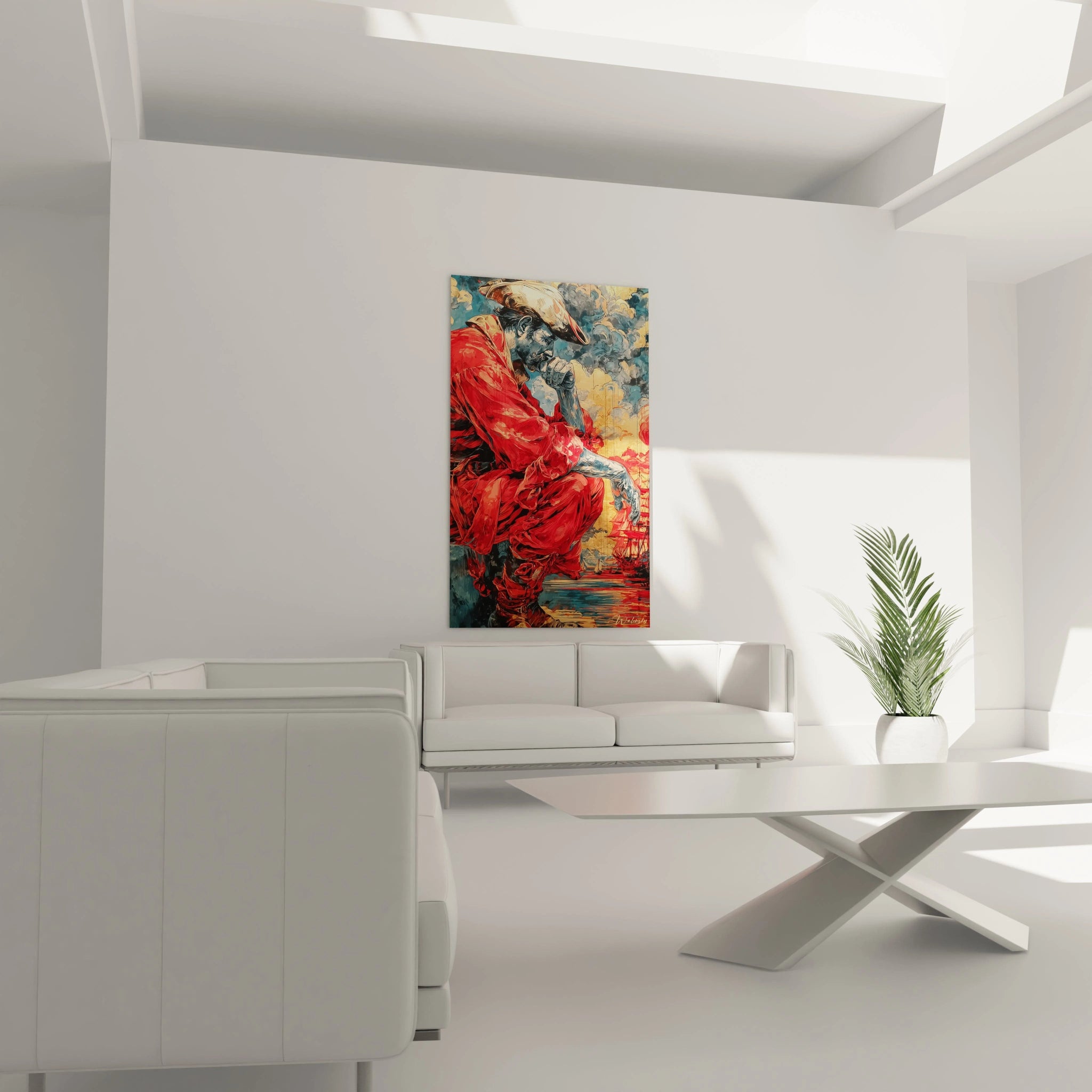 tableau Christophe Colomb par Walensky peinture murale colorée rouge et bleu dans salon moderne décoratif