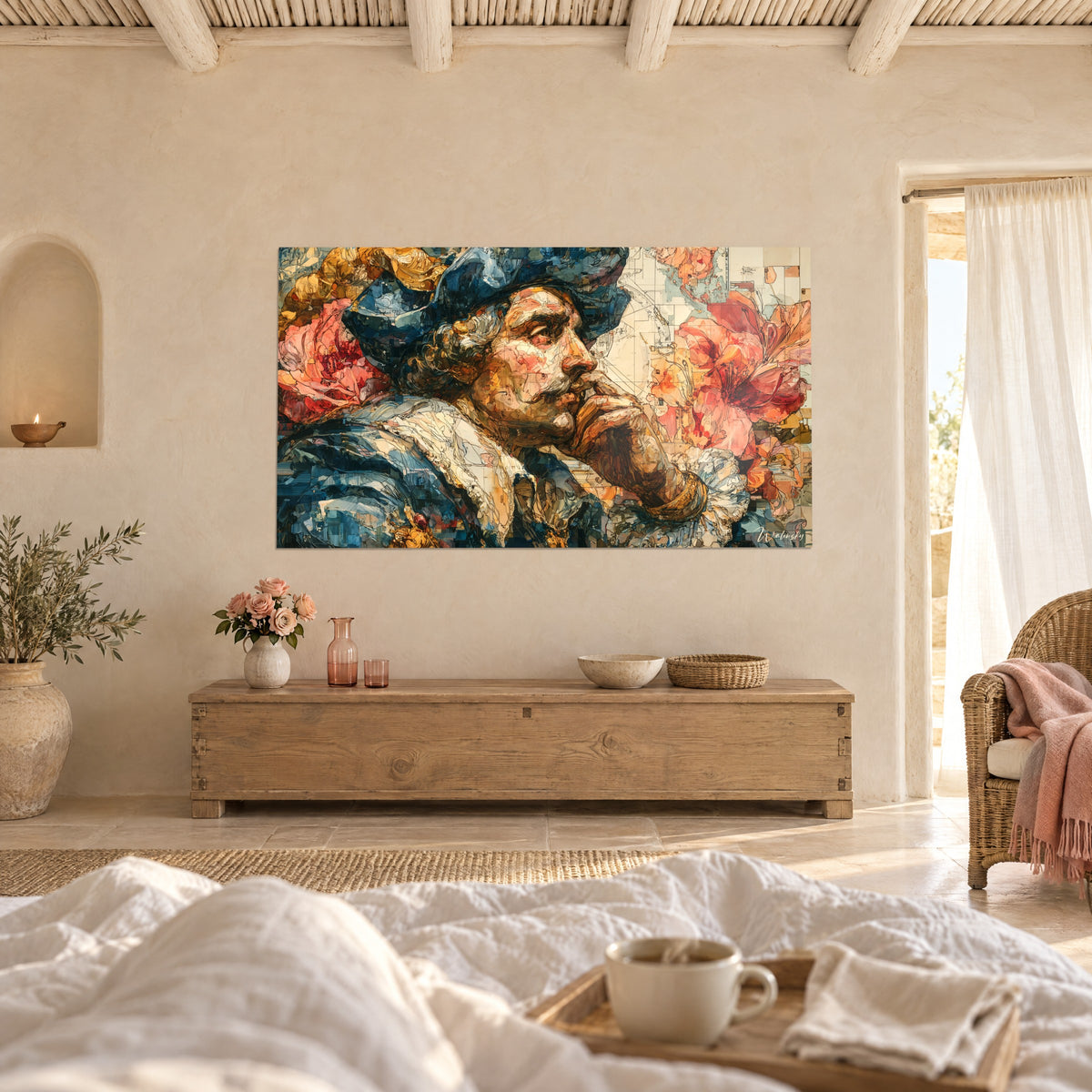 Cuadro de perfil de un hombre soñador con boina azul noche, peonías rosa pálido y dorados, encima de una cama en un dormitorio claro
