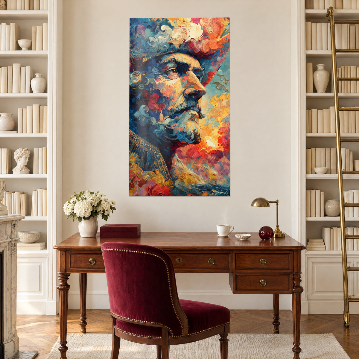 Cuadro de figura histórica en pasta gruesa, barba cincelada azul grisáceo y ocre, nubes rojo coral, encima de un escritorio antiguo