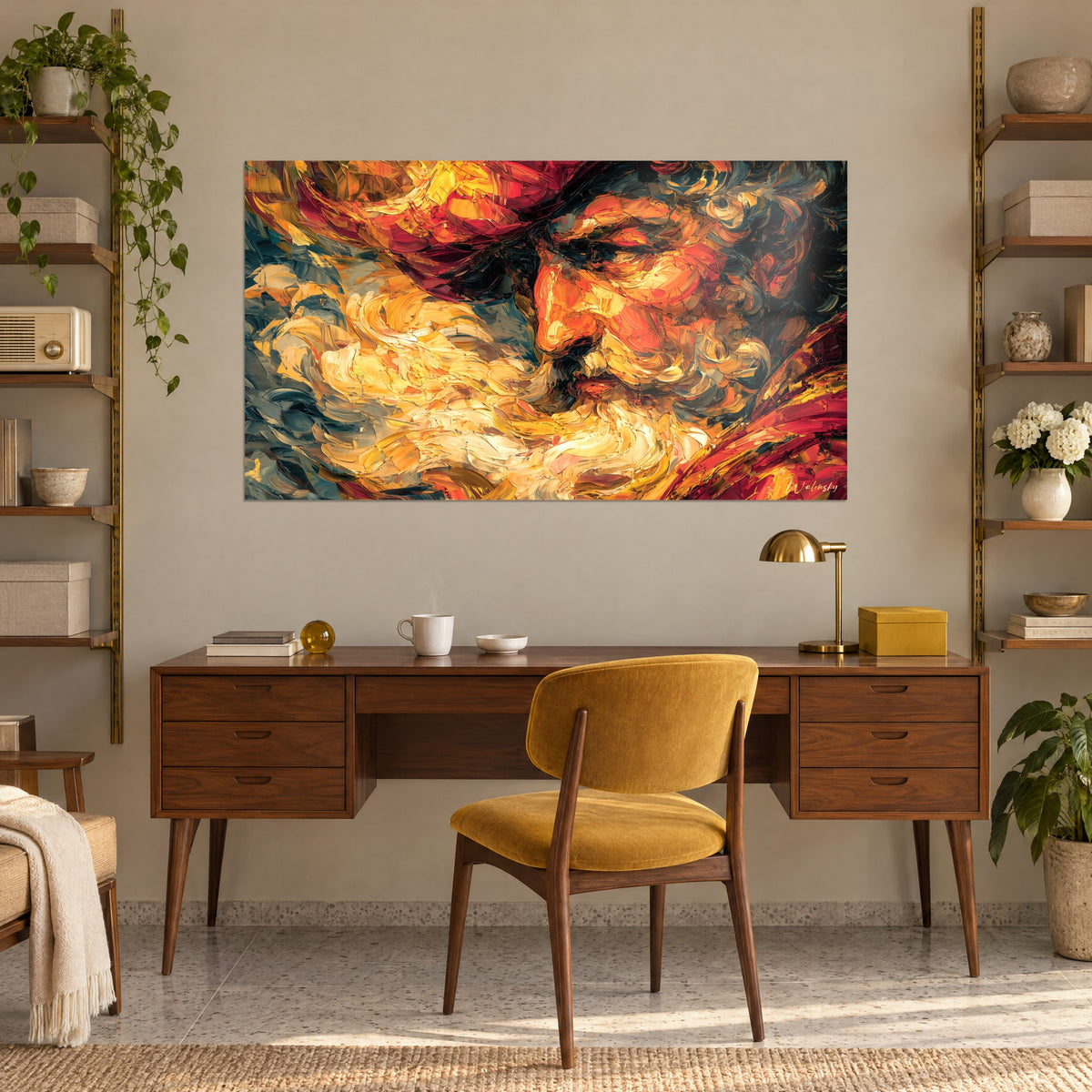 Schilderij figuur van de bebaarde ontdekker, met de spatel aangebracht in gebrand oranje en leisteenblauw, boven een houten bureau en een mosterdgele stoel