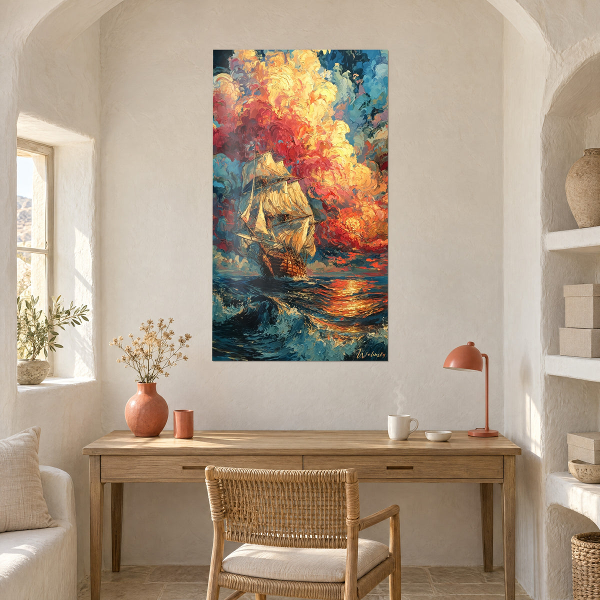 Cuadro de una nave con velas blanco crema, sol anaranjado sobre agua azul acero, pared blanca sobre un escritorio de madera y una lámpara coral
