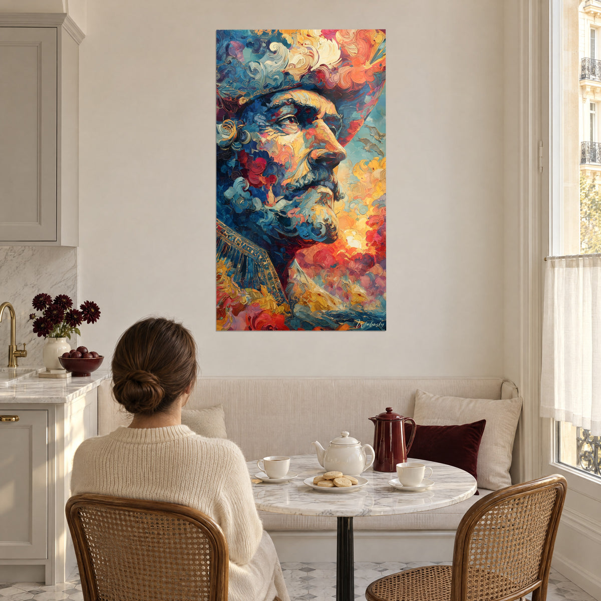Cuadro efigie de capitán con cuello bordado, volutas bermellón y turquesa, en un rincón de comedor junto a la ventana haussmanniana