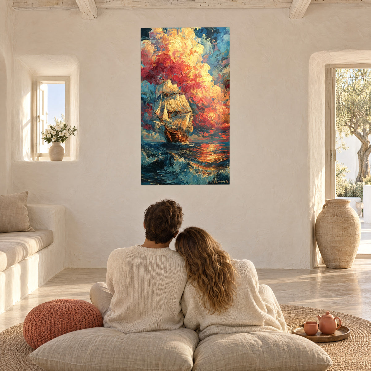 Cuadro de un barco de exploración, cielo de remolinos rojos y ocres, olas azul marino, pareja abrazada de espaldas sobre un cojín coral