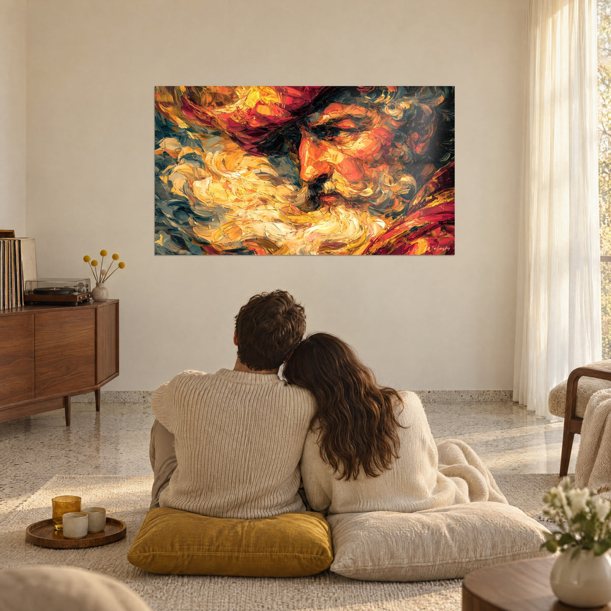 Schilderij gezicht van een veroveraar met paarse tulband, wervelende crème baard, rood en goud, tegenover een koppel opgekruld op kussens