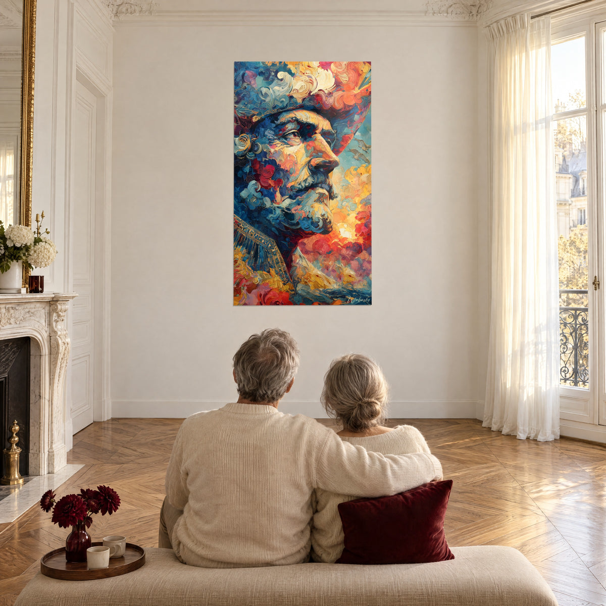 Cuadro de perfil de almirante pintado con espátula, volutas carmesí y doradas, cielo azul pálido, frente a una pareja sentada en un gran salón