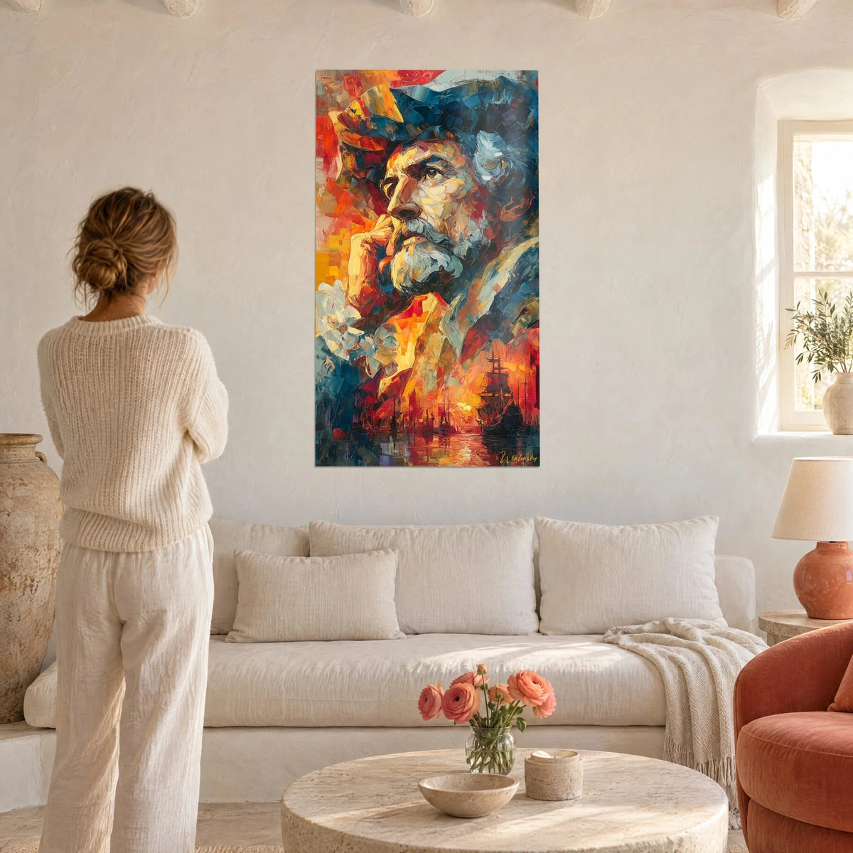 Obraz portret brodatego żeglarza w niebieskim kapeluszu, pomarańczowe i czerwone niebo, galeon w oddali, nad sofą w jasnym salonie