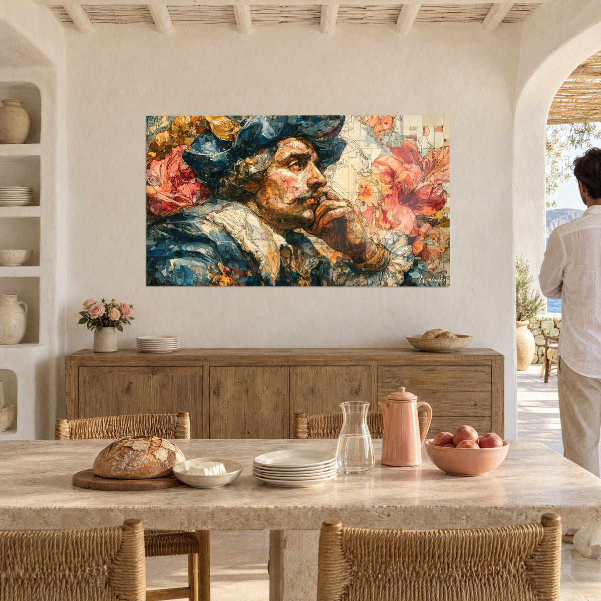 Cuadro de un caballero con bigote, mano bajo la barbilla, lirios rosas y ocre amarillo, comedor de piedra clara y madera