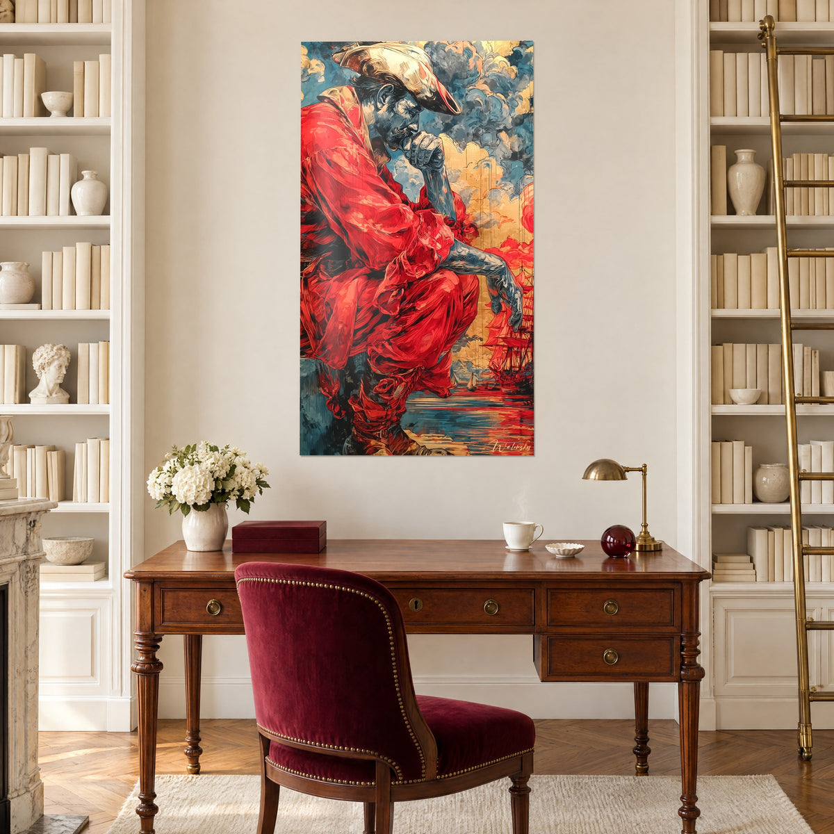 Cuadro de un capitán con tricornio y mirada oscura, atuendo rojo vivo sobre fondo dorado, escritorio de madera, librería blanca y sillón burdeos