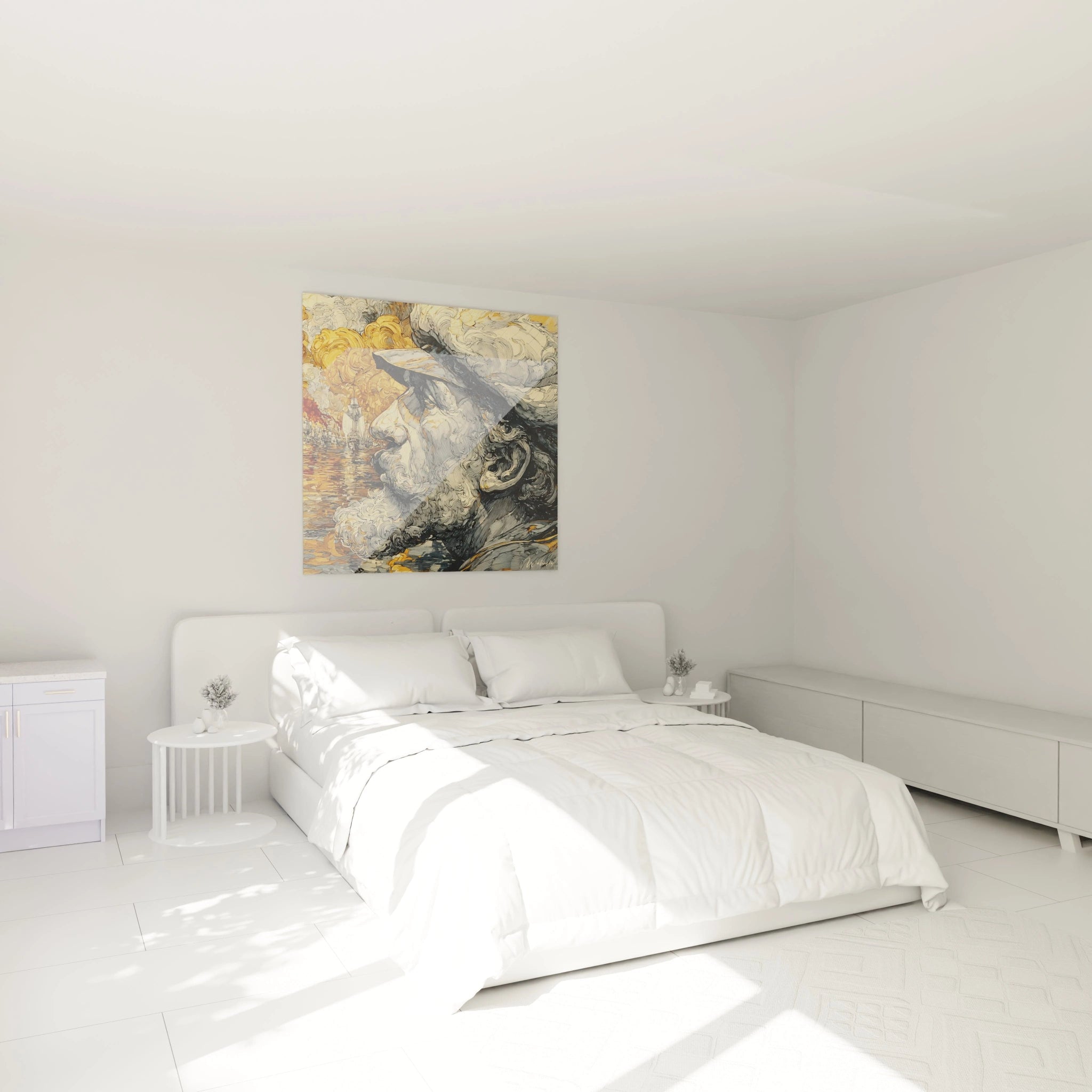tableau Christophe Colomb carré Walensky accroché au dessus du lit blanc minimaliste dans une chambre lumineuse et epurée