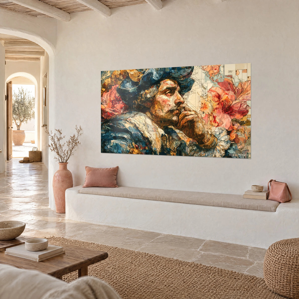 Cuadro retrato de un explorador soñador con cuello de encaje crema, flores coral y fondo de mapas, pared blanca mediterránea