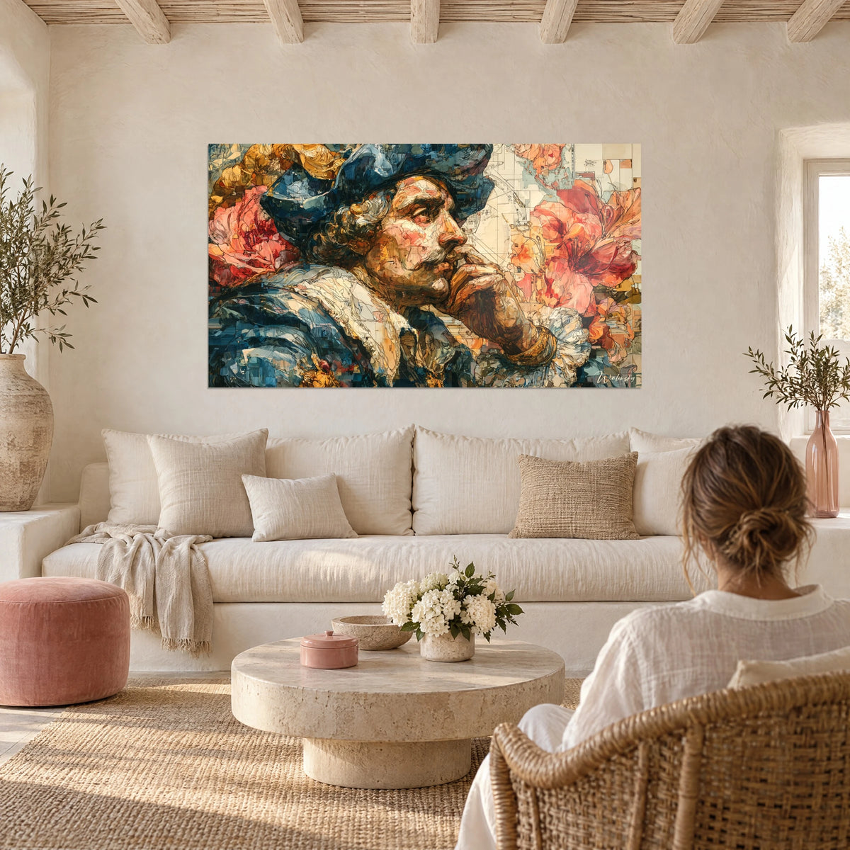 Cuadro de un navegante con gorro azul, mentón apoyado en la mano, rodeado de flores rosas y ocres, encima de un sofá en un salón luminoso