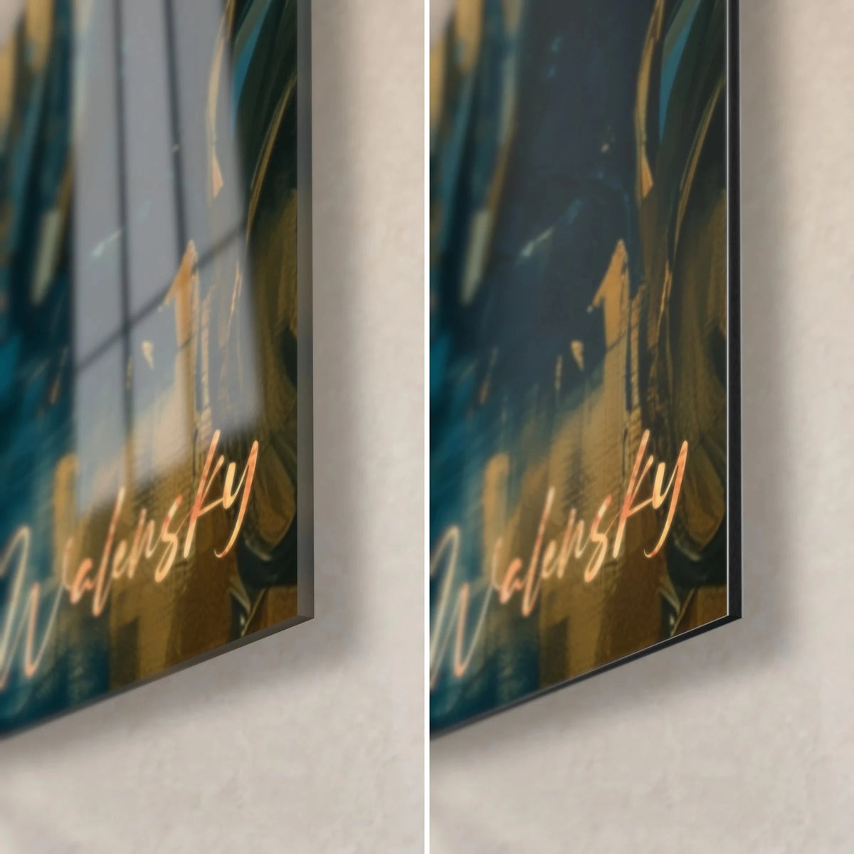 Wall art of a bearded Christopher Columbus, bottom right corner, gold Walensky signature, glossy glass on the left and matte Dibond on the right