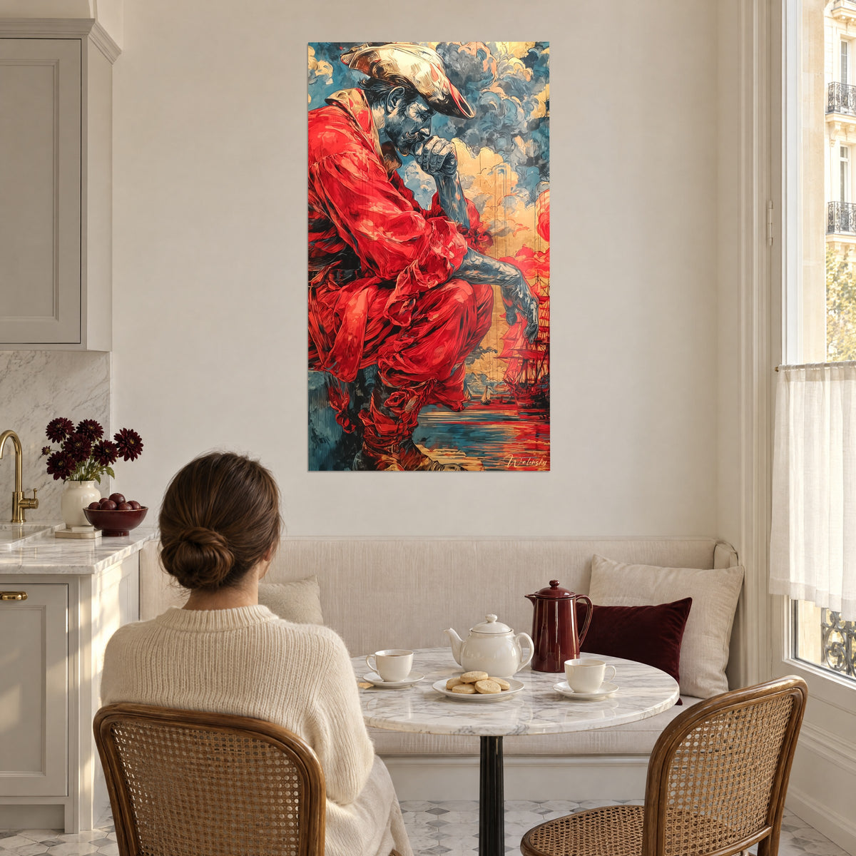 Cuadro de un conquistador soñador agachado, mangas abullonadas rojas, cielo azul y oro, mujer de espaldas junto a una mesa de cocina blanca