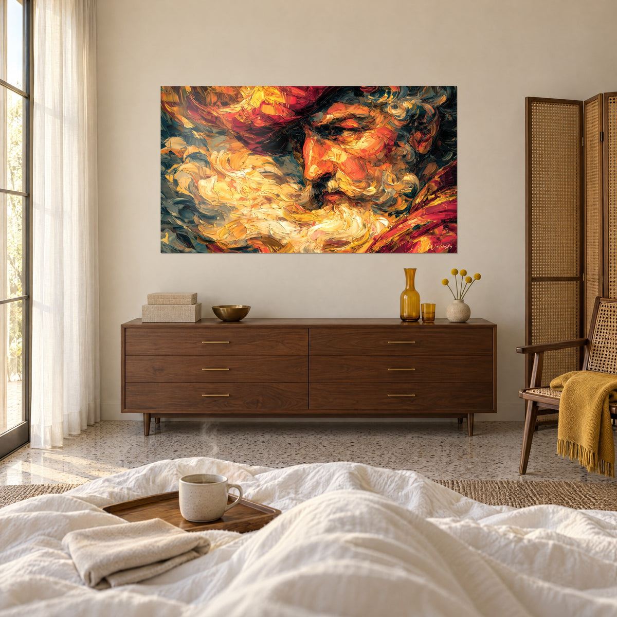 Schilderij tulbandzeevaarder met gouden krullen, dikke rode en oranje verf, grijsblauwe achtergrond, boven een bed in een lichte slaapkamer