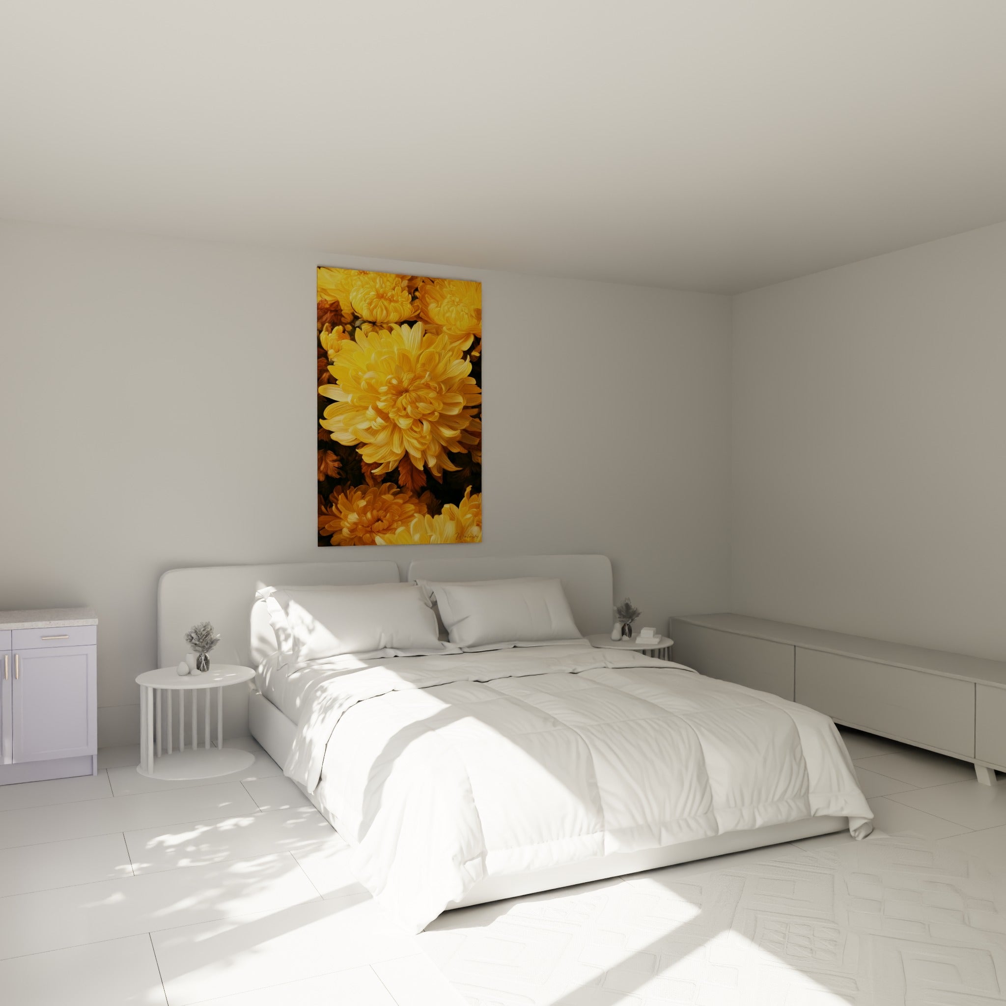 Bouquet de chrysanthème jaune et ambre accroché au-dessus d'un lit dans une chambre claire