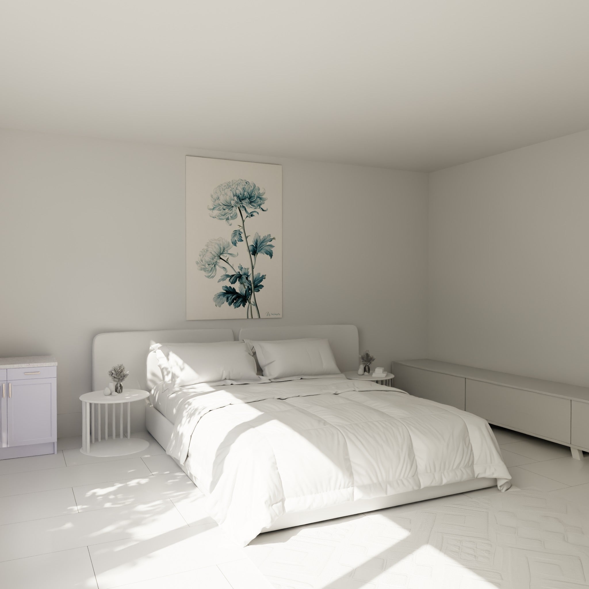 Fleurs de chrysanthème bleu ardoise et anthracite au-dessus d'un lit dans une chambre claire