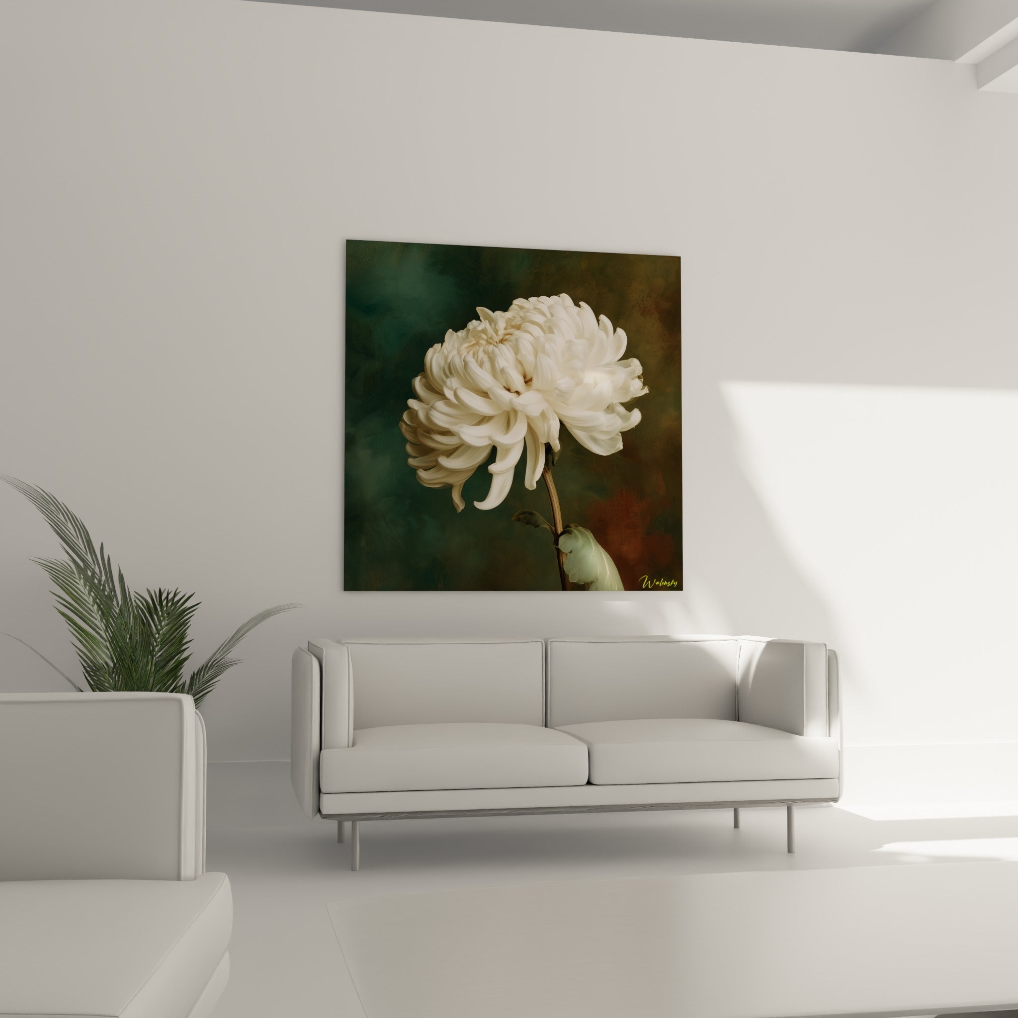 Courbes blanches du chrysanthème sur fond anthracite au-dessus d'un canapé dans un salon lumineux