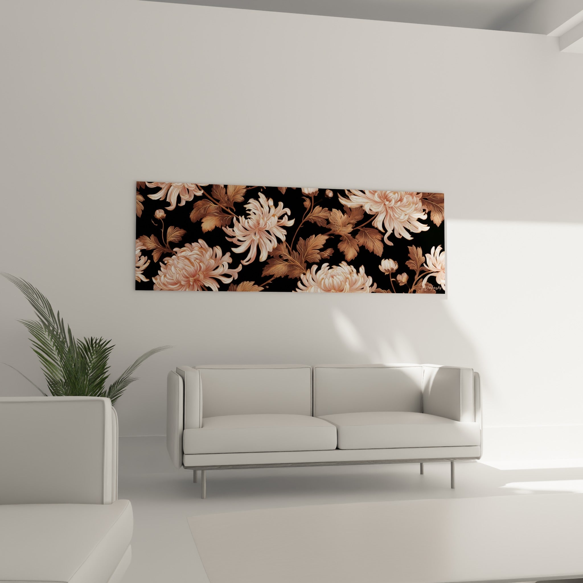 Fleurs de chrysanthème blanches et anthracite au-dessus d'un canapé dans un salon lumineux