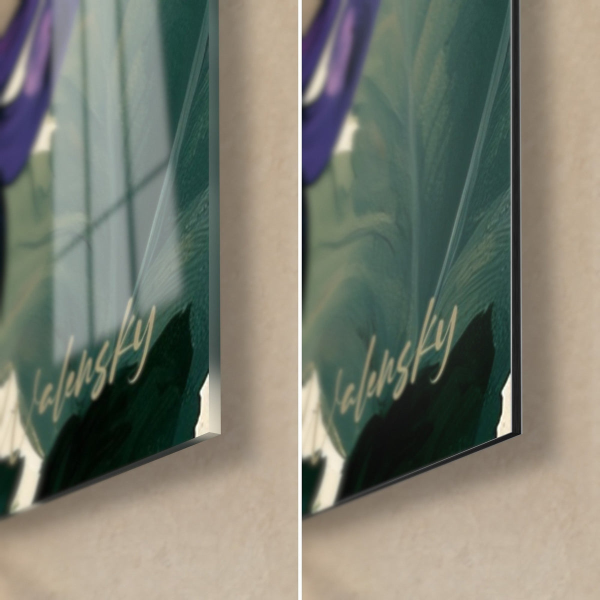 Tableau chrysanthème violet, coin bas droit : verre acrylique brillant à gauche, alu Dibond mat à droite, feuille vert profond et tranche de 3 mm
