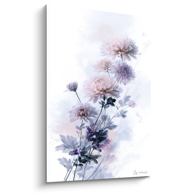 Tableau Chrysanthèmes roses et mauves en aquarelle - Souffle printanier - Edition Chrysanthème