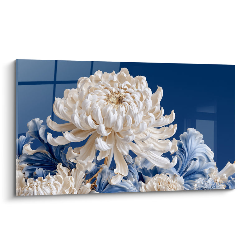 Tableau Chrysanthème ivoire et bleu roi aux volutes sculptées - Cœur doré central - Edition Chrysanthème