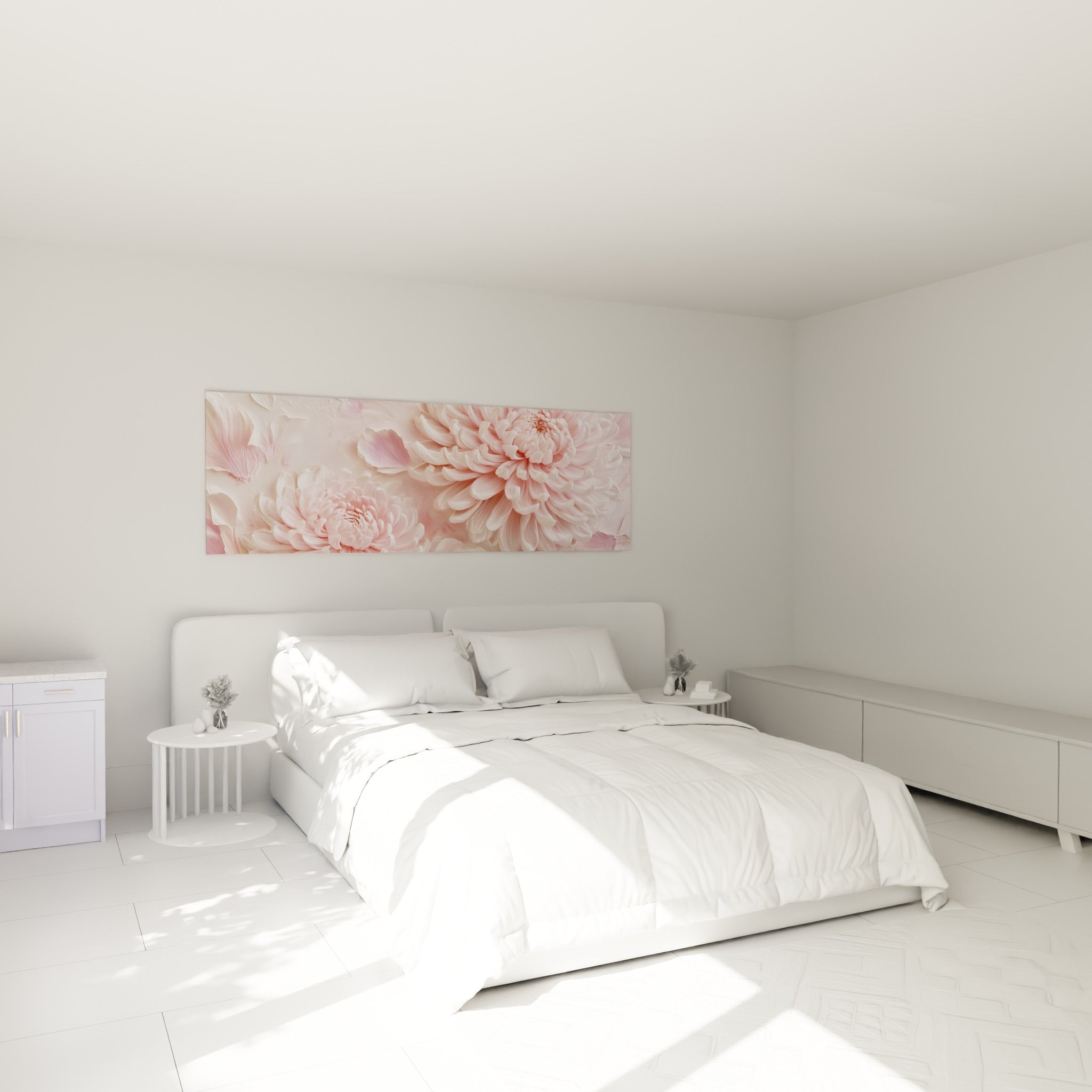 Fleurs de chrysanthème rose pastel et crème, empâtements délicats, au-dessus d'un lit dans une chambre claire