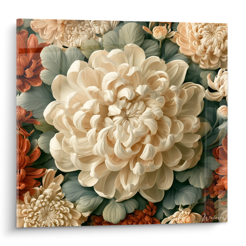 Tableau Chrysanthème ivoire et roux entouré de feuilles vertes - Bourgeons enchevêtrés - Edition Chrysanthème