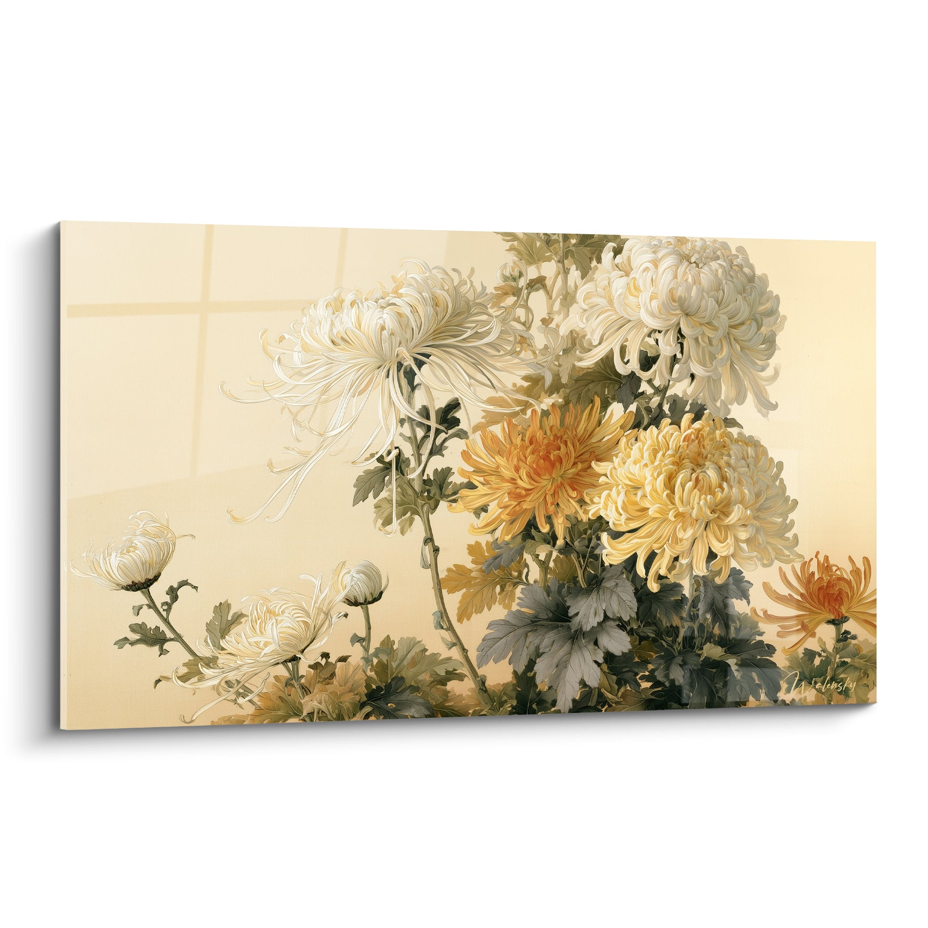 Chrysanthèmes blancs et dorés aux pétales effilés, composition lumineuse sur fond crème et beige
