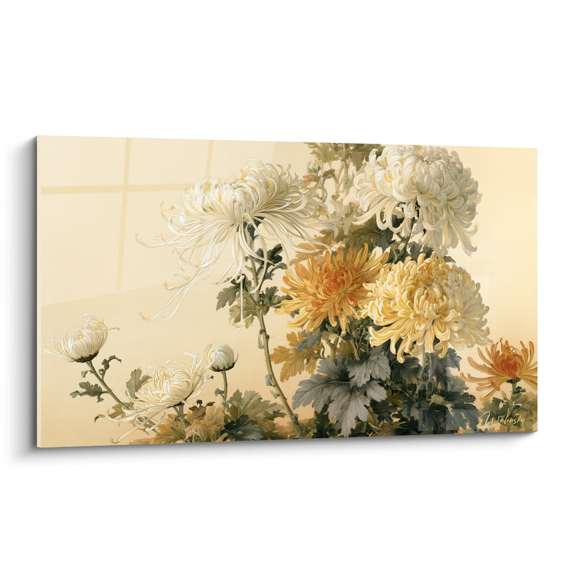 Tableau Chrysanthèmes blancs et dorés effilés - Sérénité florale - Edition Chrysanthème